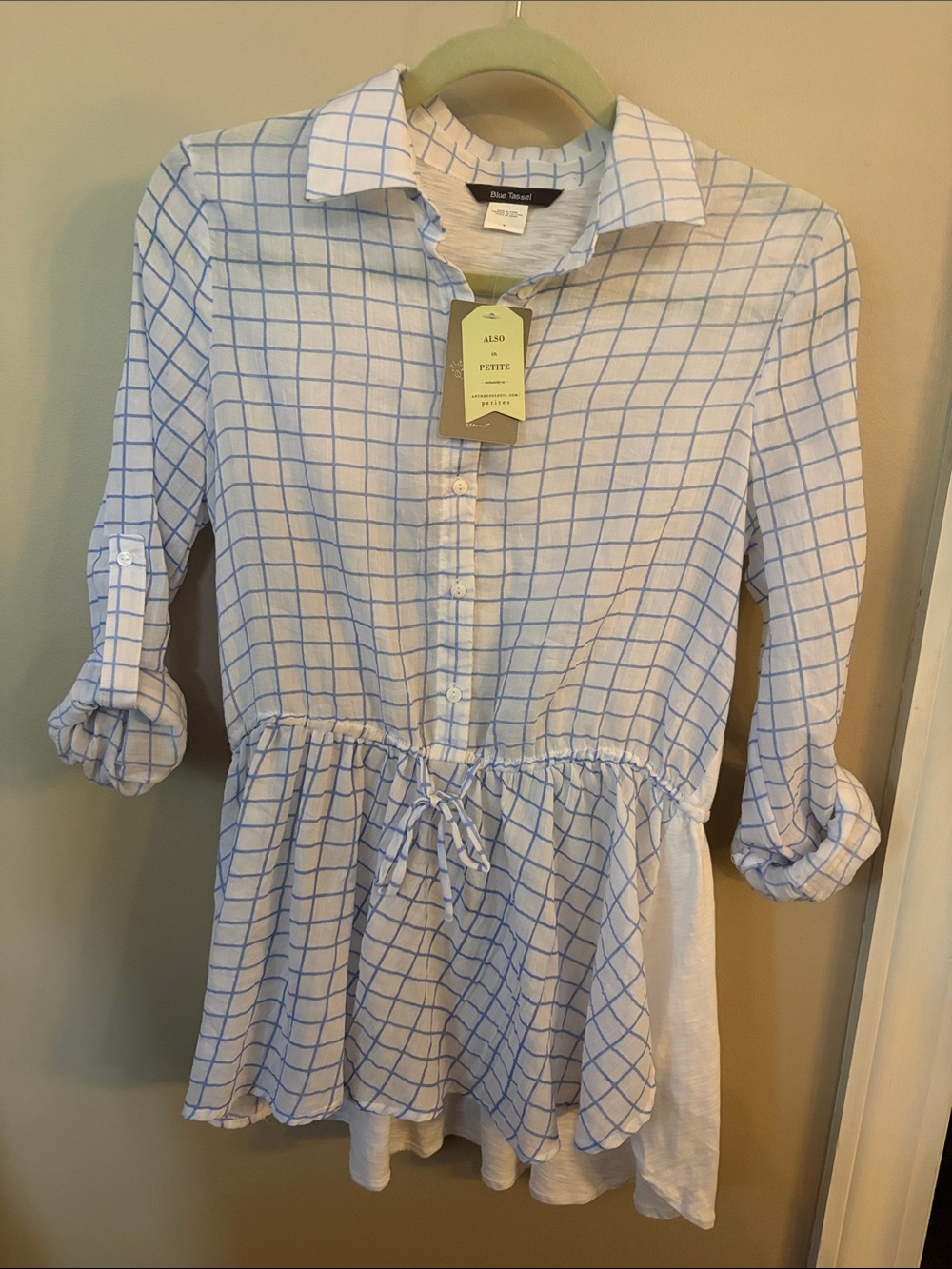 Blue Windowpane Peplum Tunic by Dear John